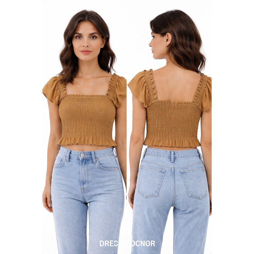 Brown Smocked Crop Top Ruffle Sleeve Square Neck Boho Cottagecore Coquette Med